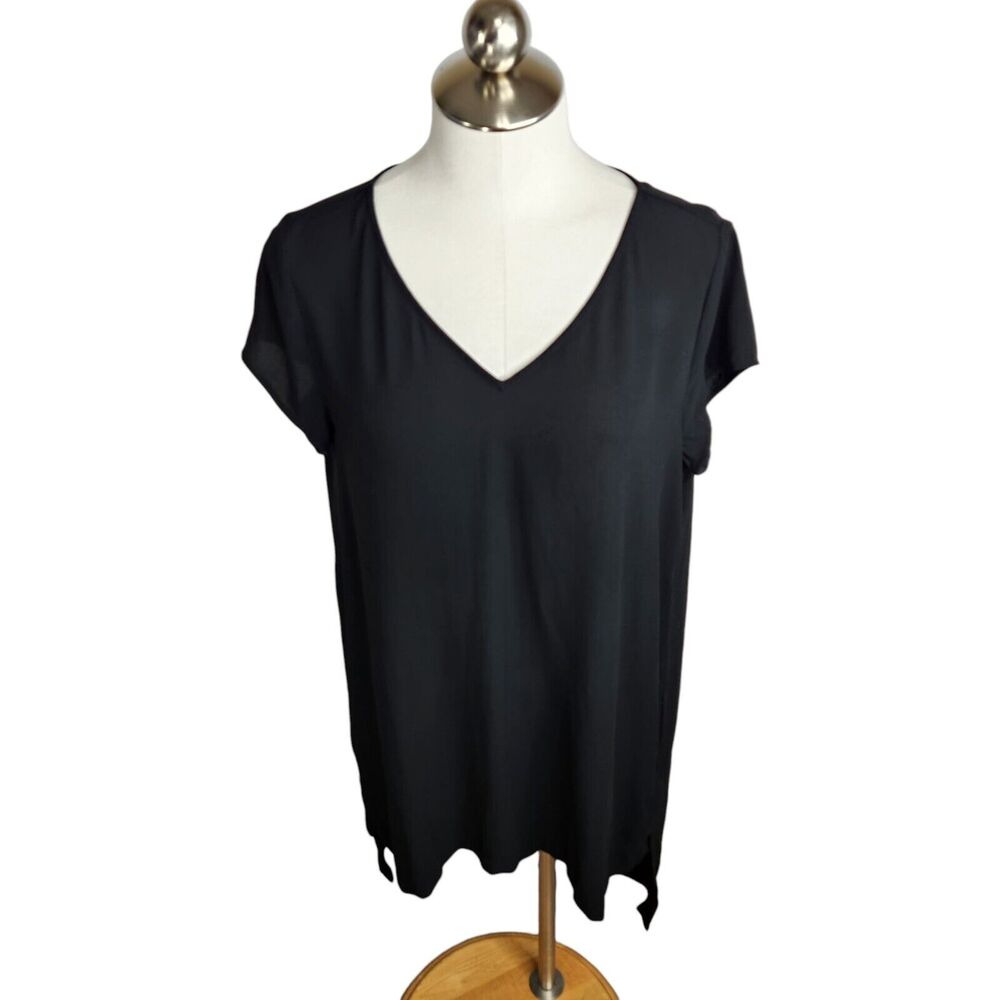 Eileen Fisher Womens S V-Neck Step Hem Washable Silk Short Sleeve Tunic Black